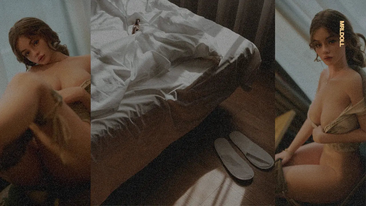 Image of Full-size silicone sex doll in a bedroom setting illustrating comfort, support, and realistic positioning for safer full-body use