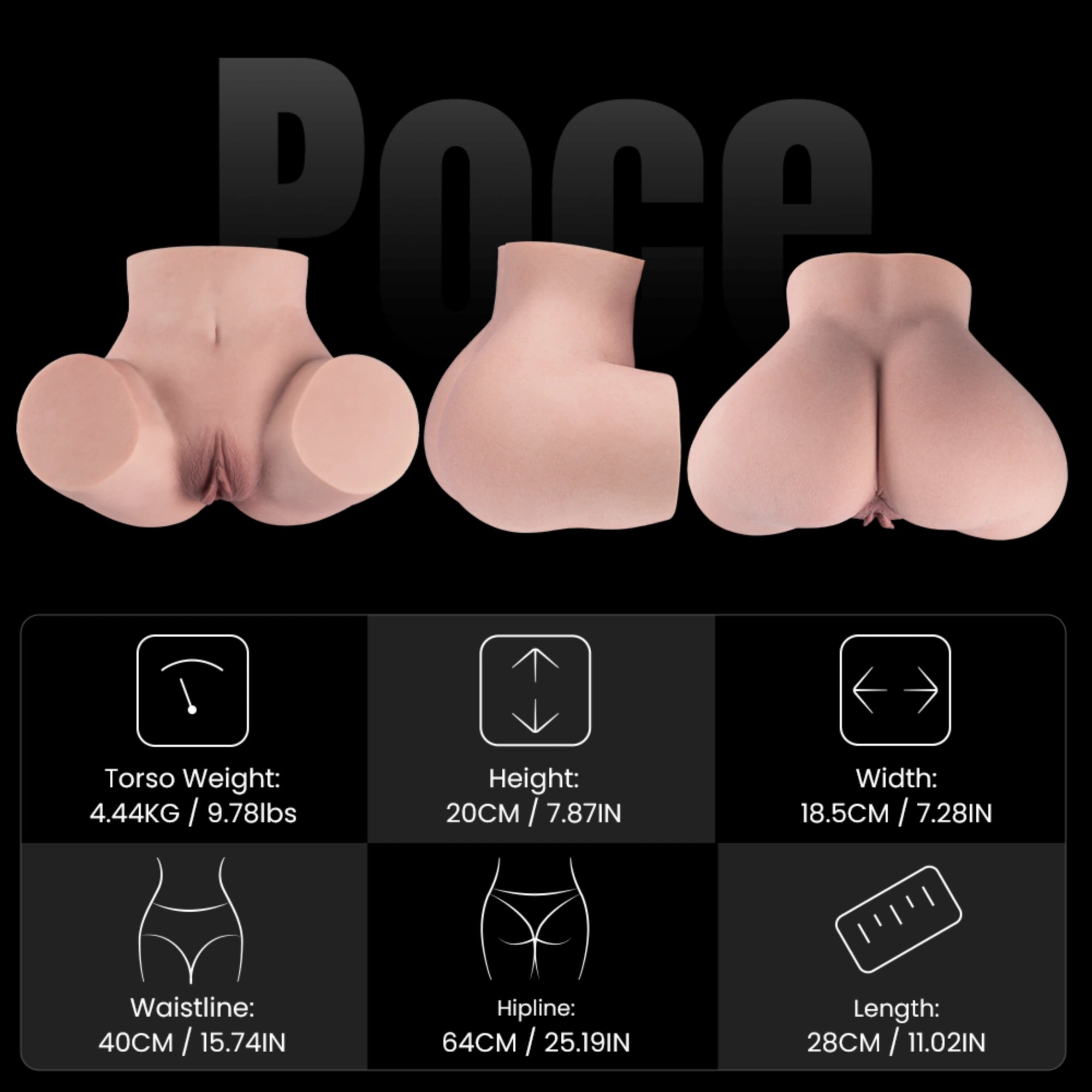 Image of Poce size infographic showing front, side, and rear views, 4.44 kg weight, and 28 × 18.5 × 20 cm dimensions.