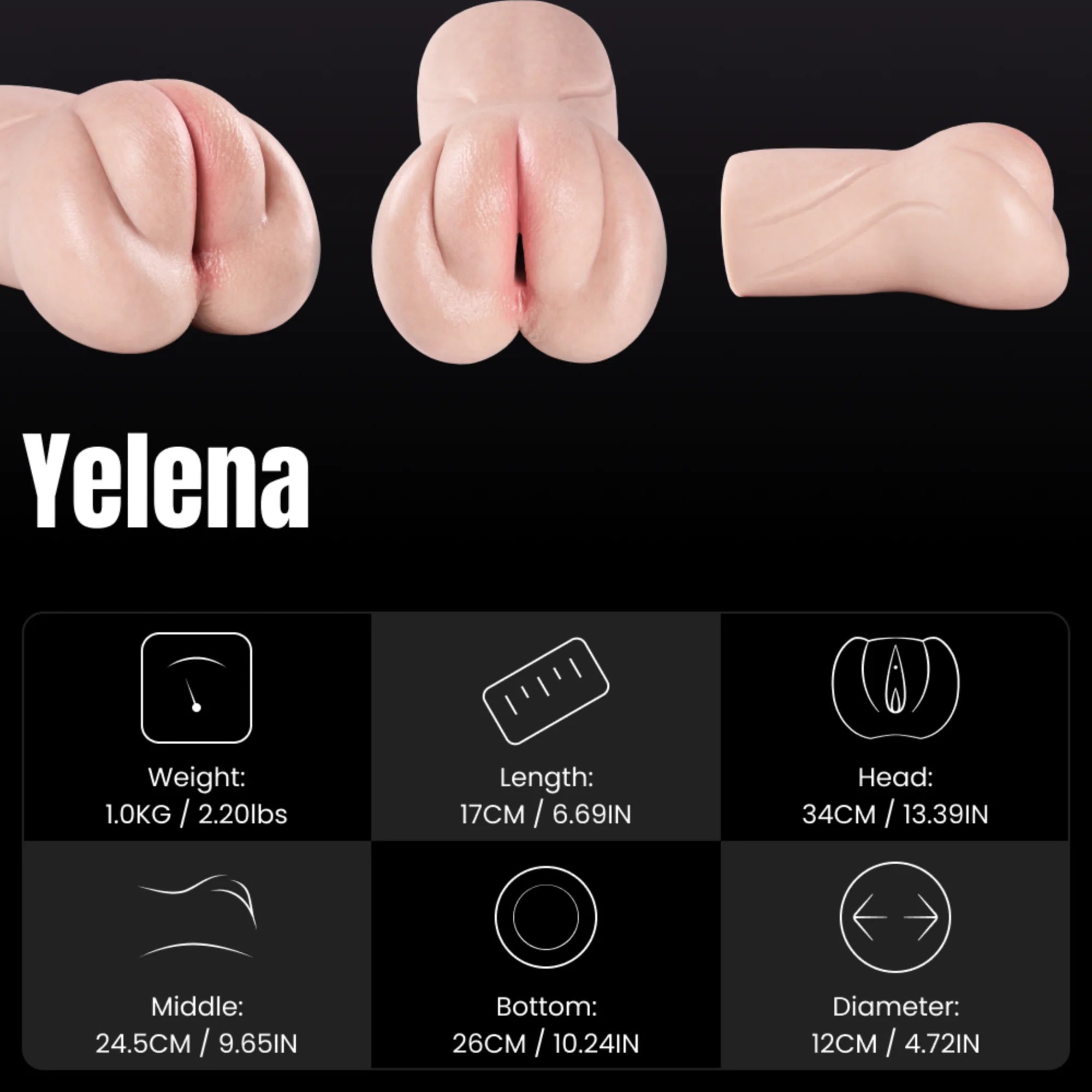 Image of Yelena product infographic with multiple views and product details.
