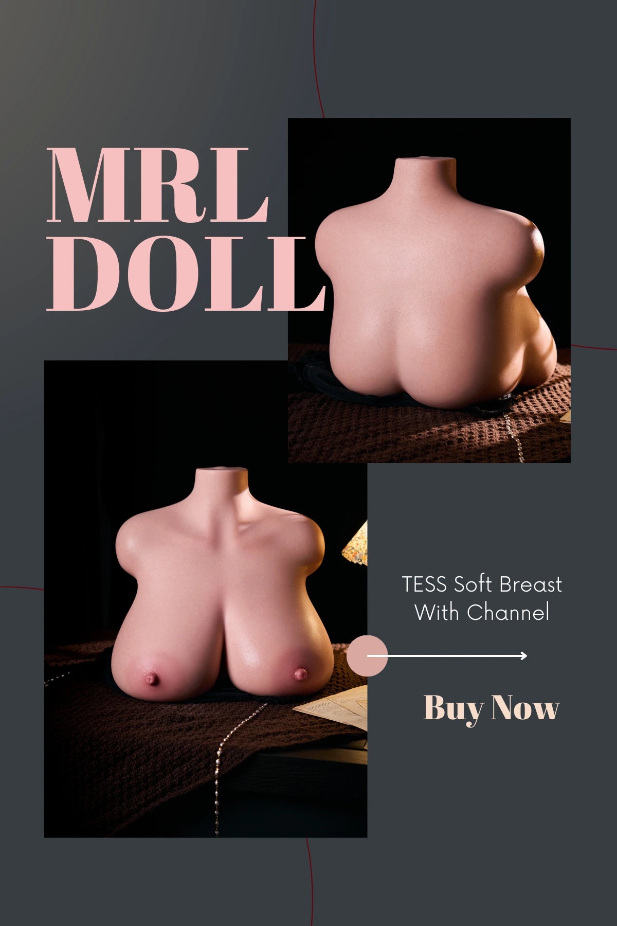 MRLDOLL Tess torso poster displaying both front and back views, highlighting realistic anatomy, natural curves, and lifelike skin texture