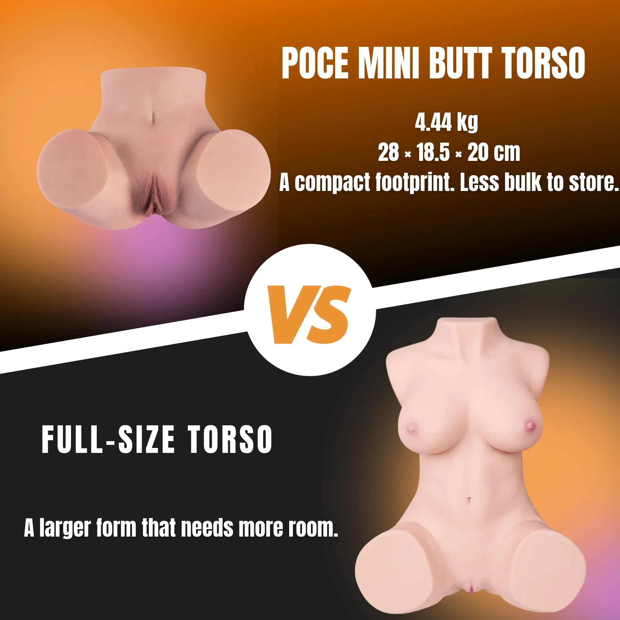 Image of Comparison infographic showing the 4.44 kg Poce mini butt torso beside a larger full-size torso, with product dimensions and storage footprint.