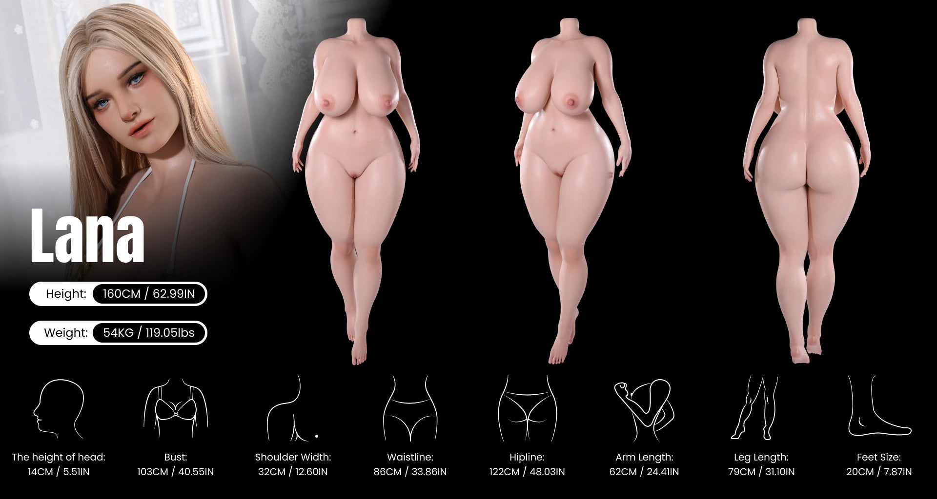 bbw sex doll Lana full body measurements chart showing height weight and detailed proportions