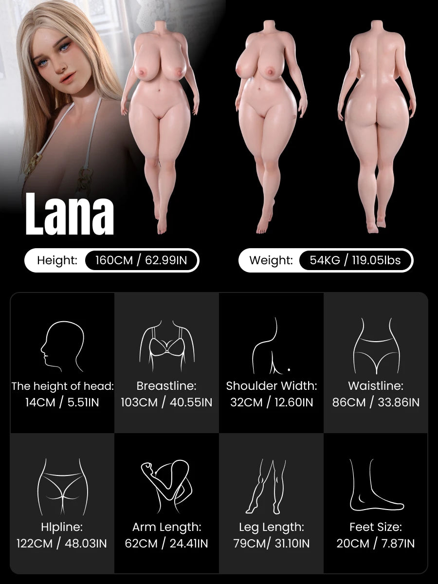 Image of bbw sex doll Lana body measurements including height weight and full body proportions