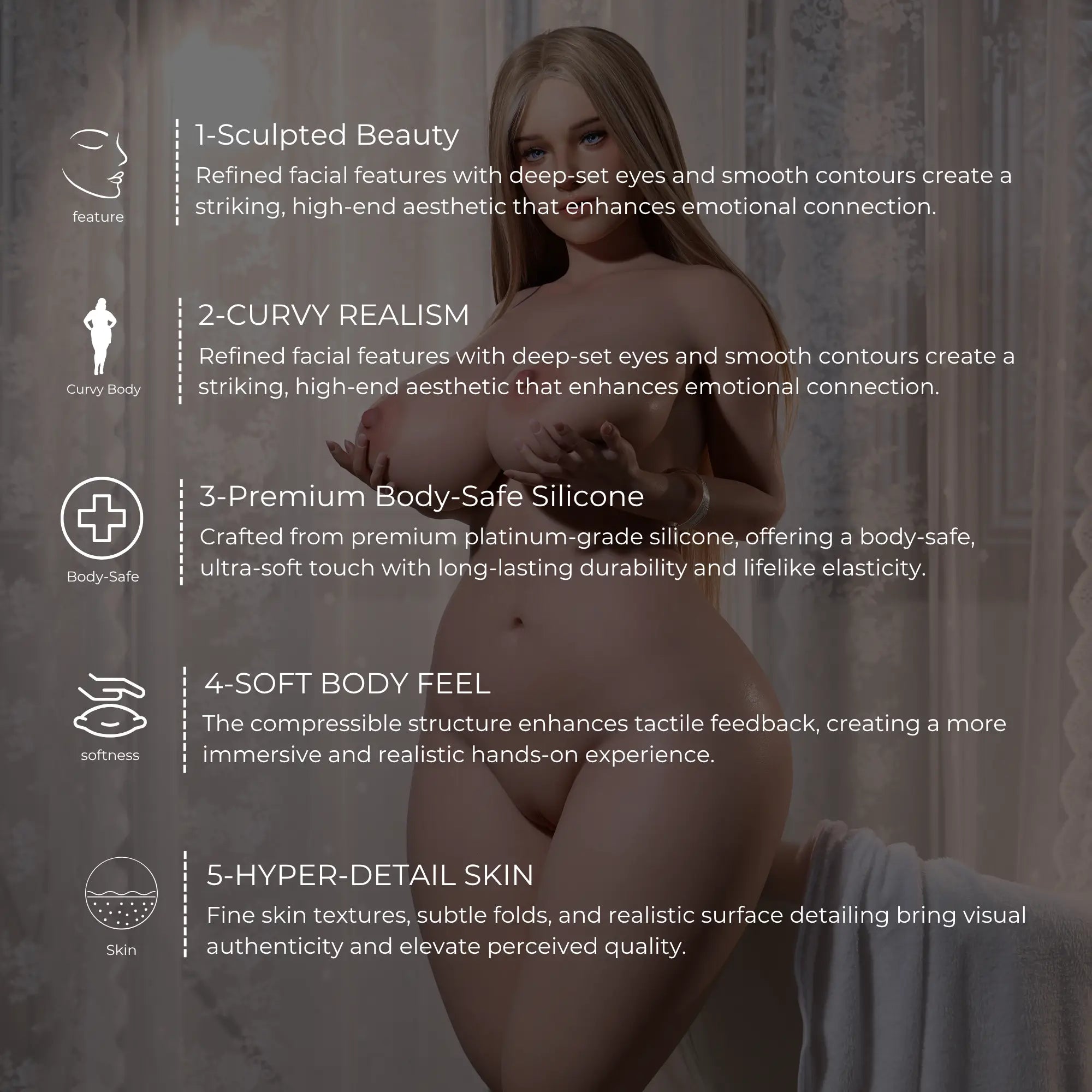 bbw sex doll Lana key features showing realistic curves, soft body and platinum silicone skin for mobile view