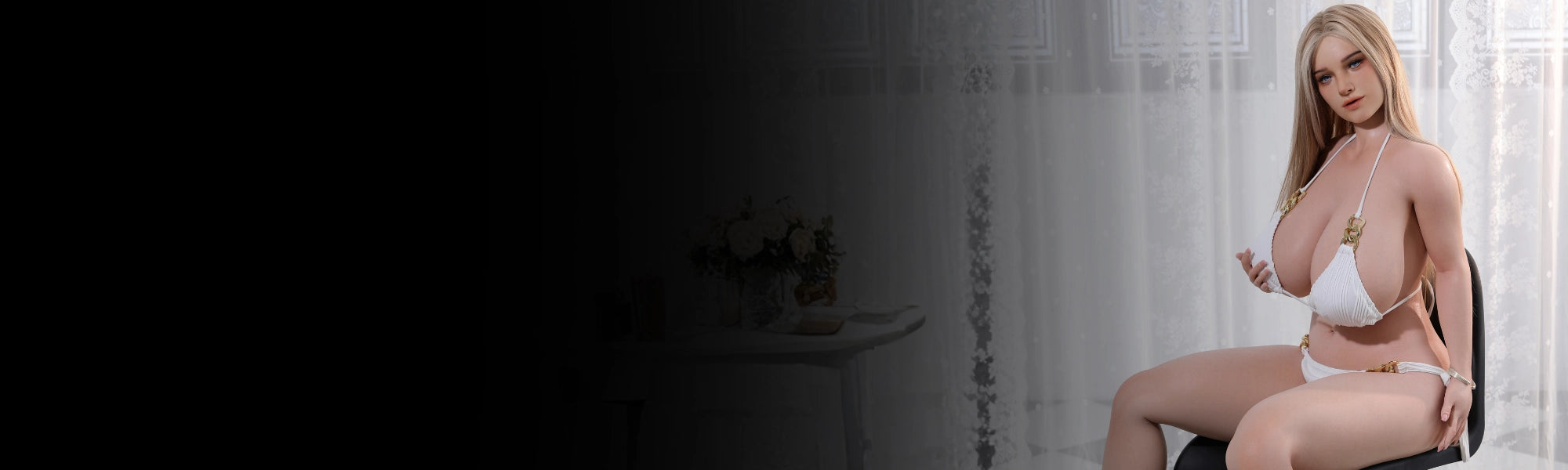 bbw sex doll Lana sitting on chair showing full body shape and realistic proportions