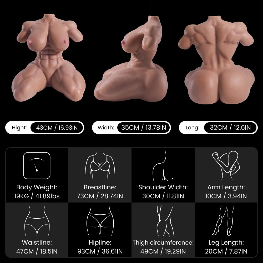 Image of Anatomically accurate brown large silicone muscle torso by MRLDOLL shown in front, left, and back views with detailed body measurements
