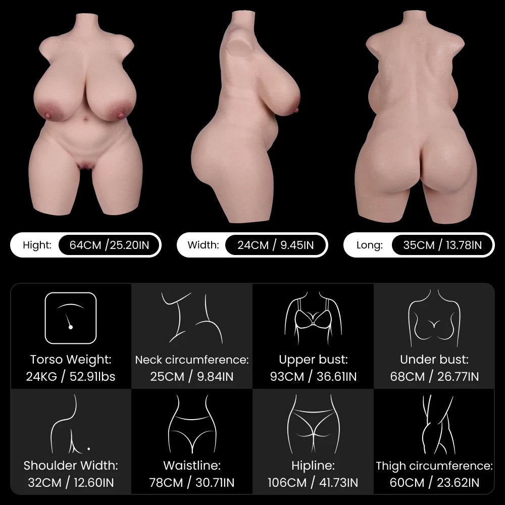Image of Doris BBW sex torso dimensions chart showing height, measurements, and weight for realistic silicone torso