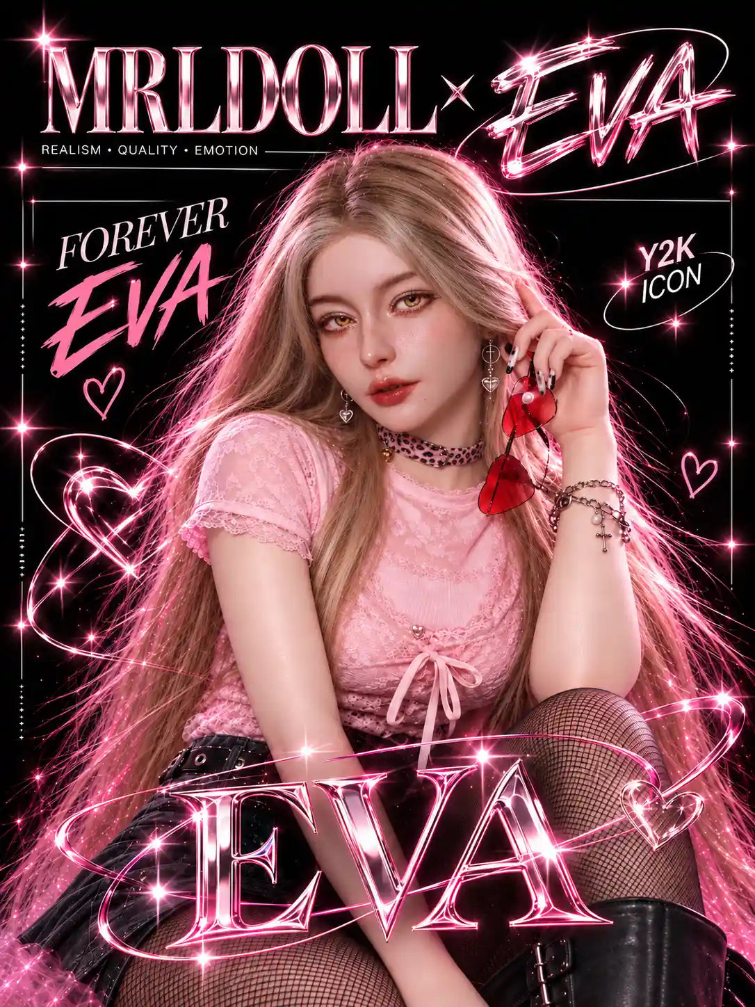 Image of MRLDOLL Eva 162 cm C-cup silicone doll in a pink outfit on a Y2K-inspired cover.