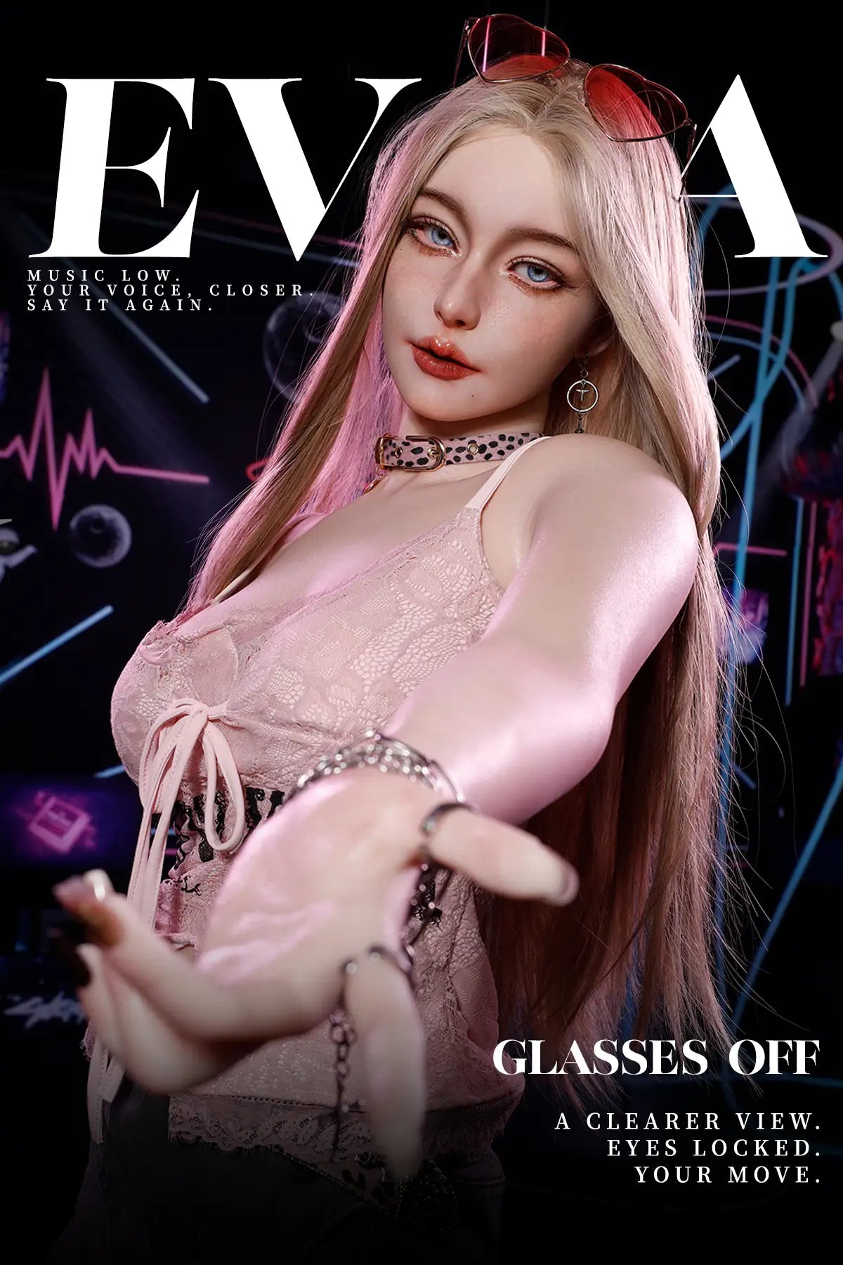 Image of Eva reaching toward the camera in a pink lace top, with red sunglasses on her head.