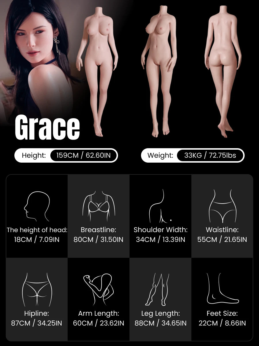 Image of Grace 159cm mature Asian silicone doll desktop body data with front view, side view, back view, bust waist hip measurements, and weight by MRLDOLL
