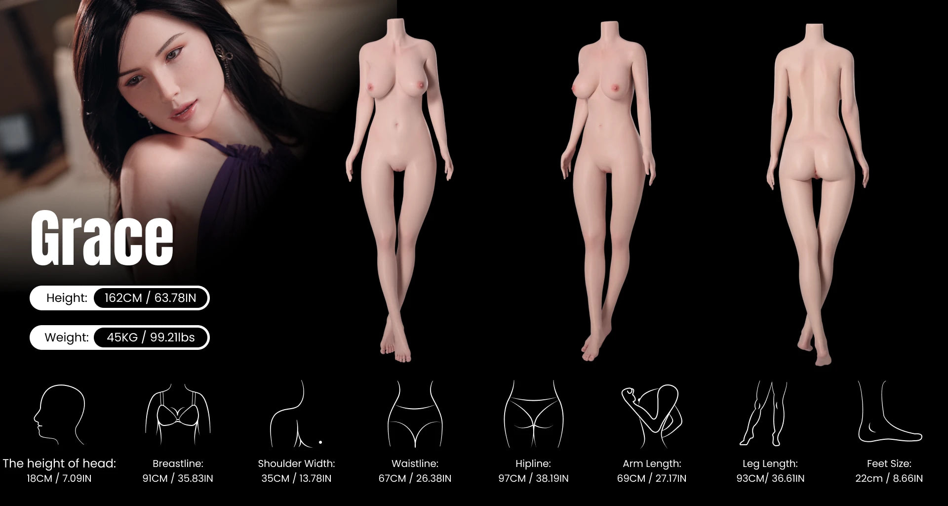Grace 162cm mature Asian silicone doll product detail body data with front view, side view, back view, bust waist hip measurements, and weight by MRLDOLL
