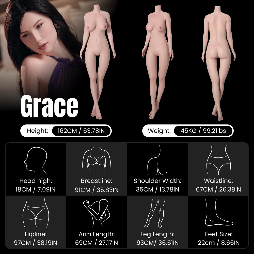 Grace 162cm mature Asian silicone doll mobile body data with front view, side view, back view, bust waist hip measurements, and weight by MRLDOLL