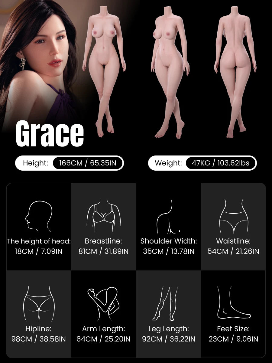 Image of Grace 166cm mature Asian silicone doll desktop body data with front view, side view, back view, bust waist hip measurements, and weight by MRLDOLL

