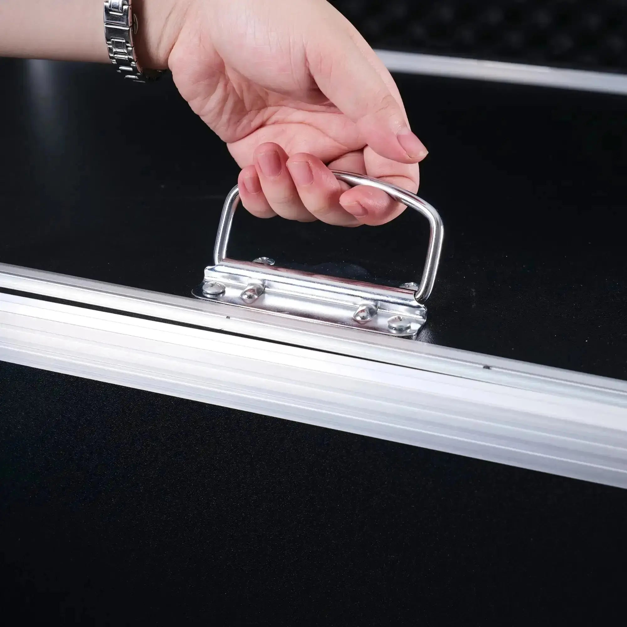 Image of lockable sex doll case used for discreet home storage in a private environment