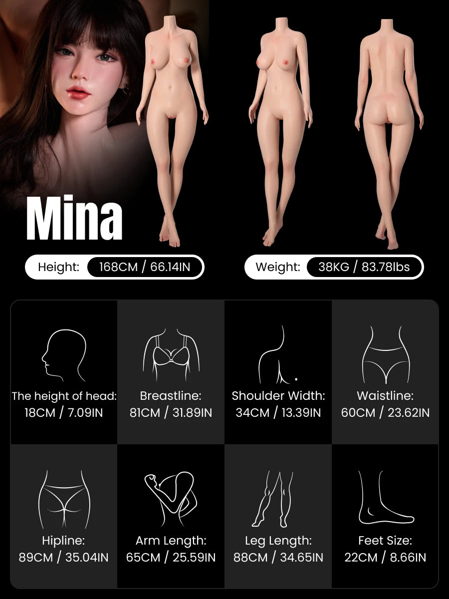 Image of Mina 162cm mature Asian silicone doll desktop body data with front view, side view, back view, bust waist hip measurements, and weight by MRLDOLL
