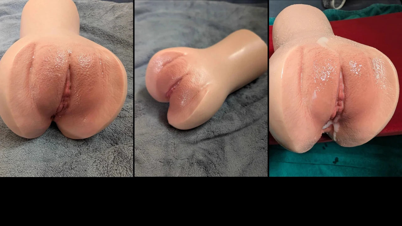 Image of User-submitted photos of the MRLDOLL Valentina silicone masturbator showing its realistic texture, detailed design, and shape from three angles.