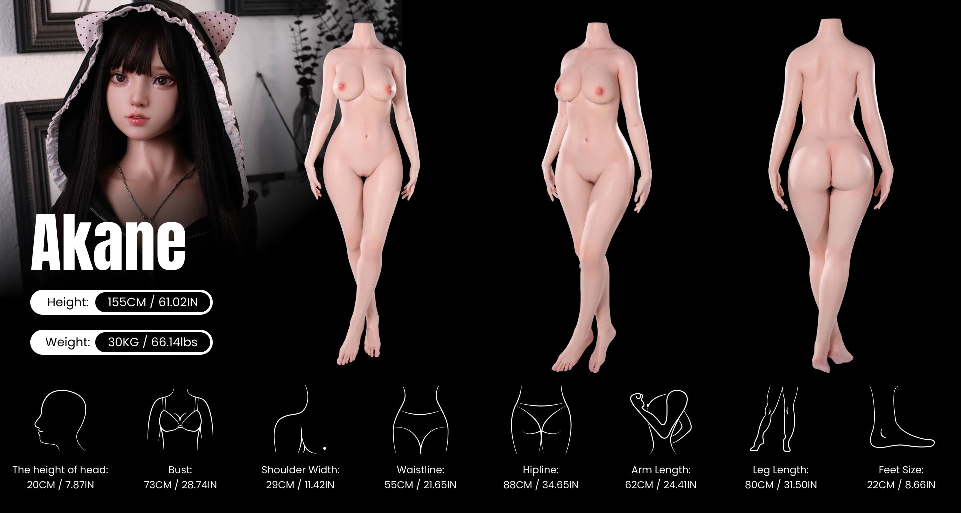 MRLDOLL Akane 155cm anime sex doll body measurements chart desktop version with detailed proportions and specifications