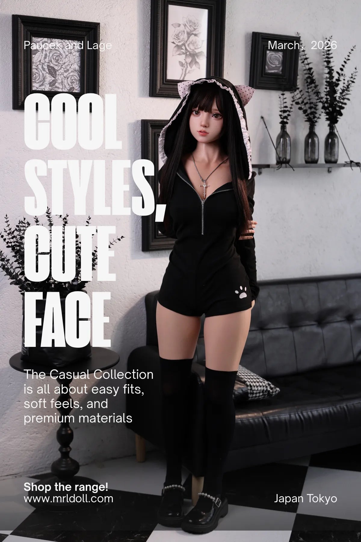 MRLDOLL Akane 155cm anime sex doll standing front view, showcasing her Japanese style appearance and balanced body proportions