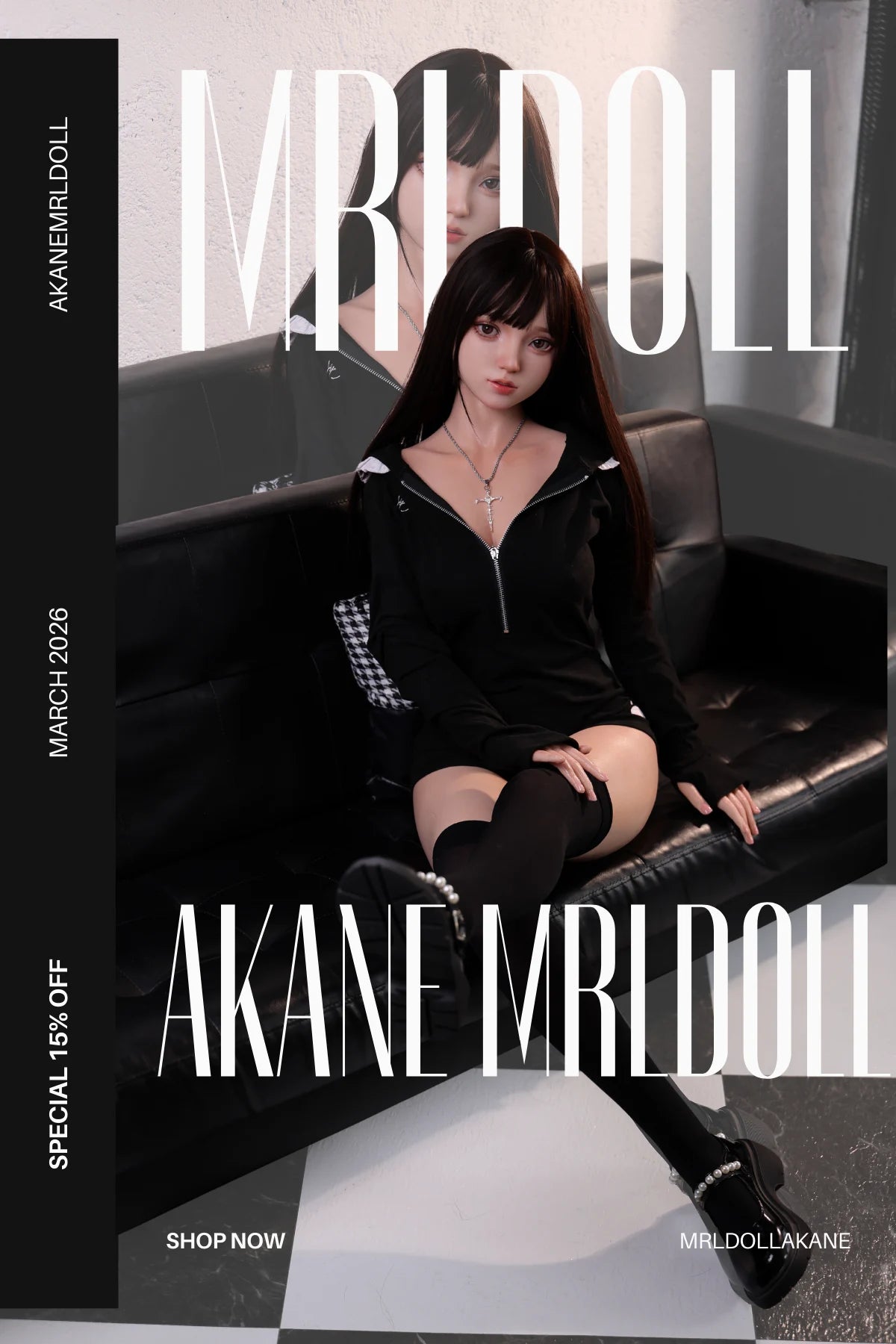 MRLDOLL Akane anime sex doll sitting on a sofa with legs raised, showcasing her cute Japanese style figure