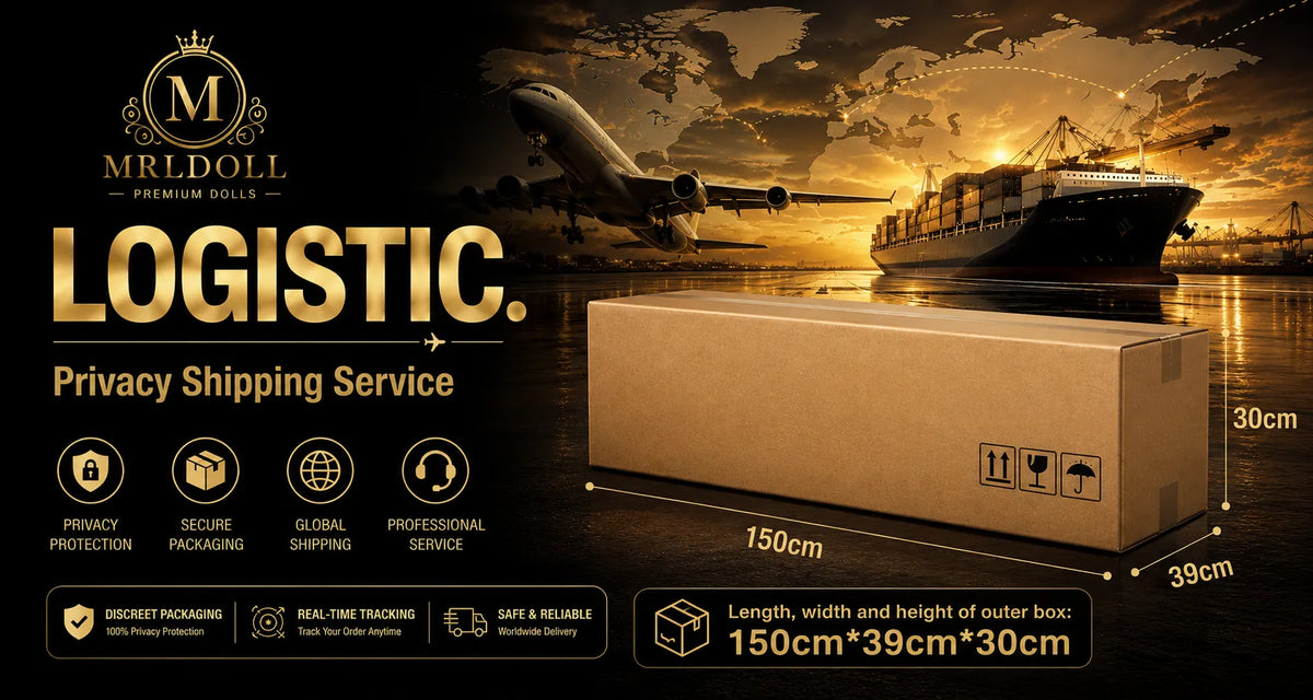 MRLDOLL shipping graphic showing a sealed cardboard box and delivery service icons.