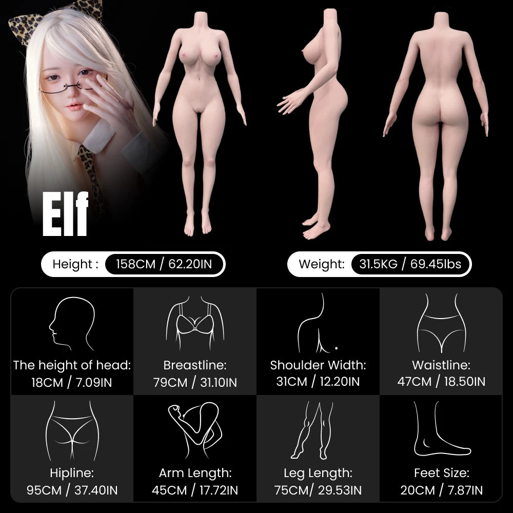 MRLDOLL Elf 158cm large realistic sex doll body measurements chart for mobile, showing front, side and back views with detailed height, waist and hip sizes