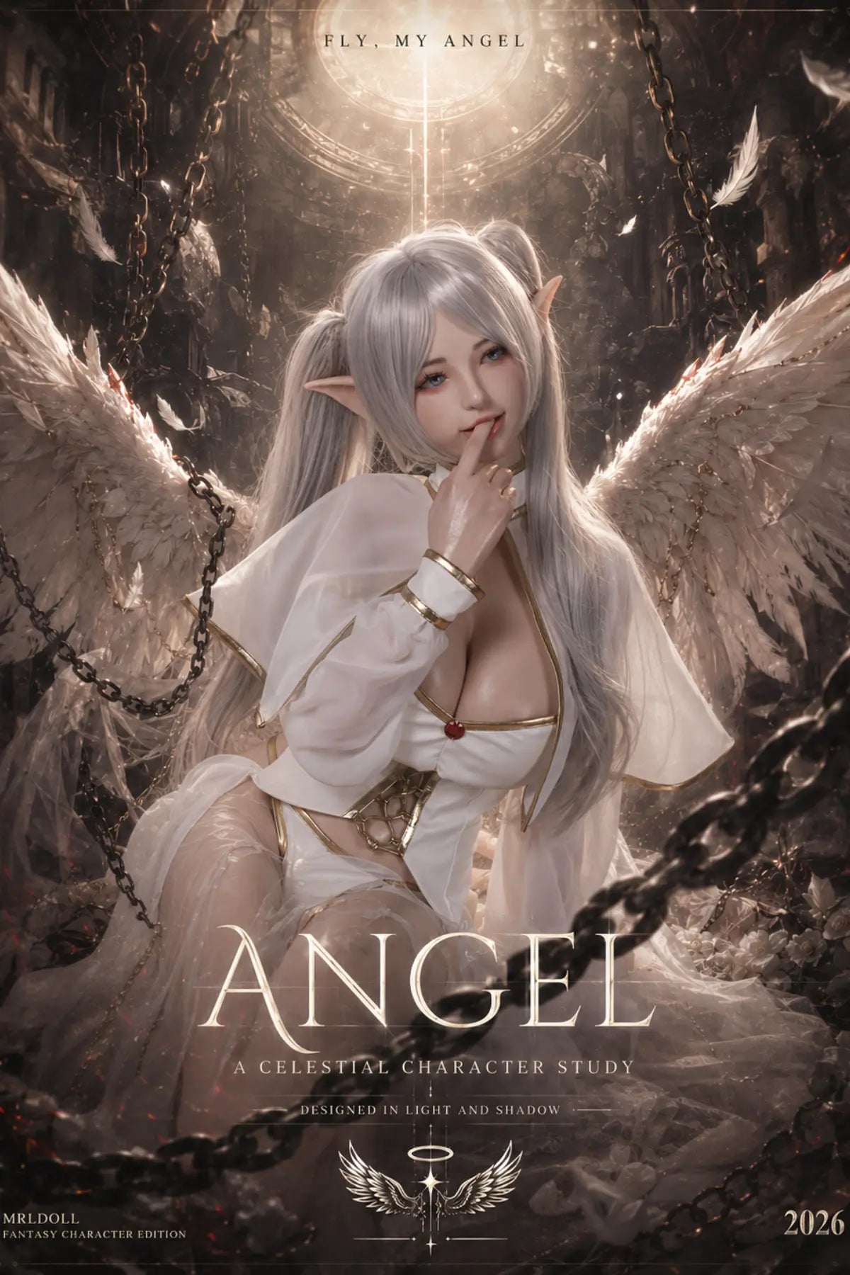 Elven portrayed with white wings in an ethereal angel fantasy poster