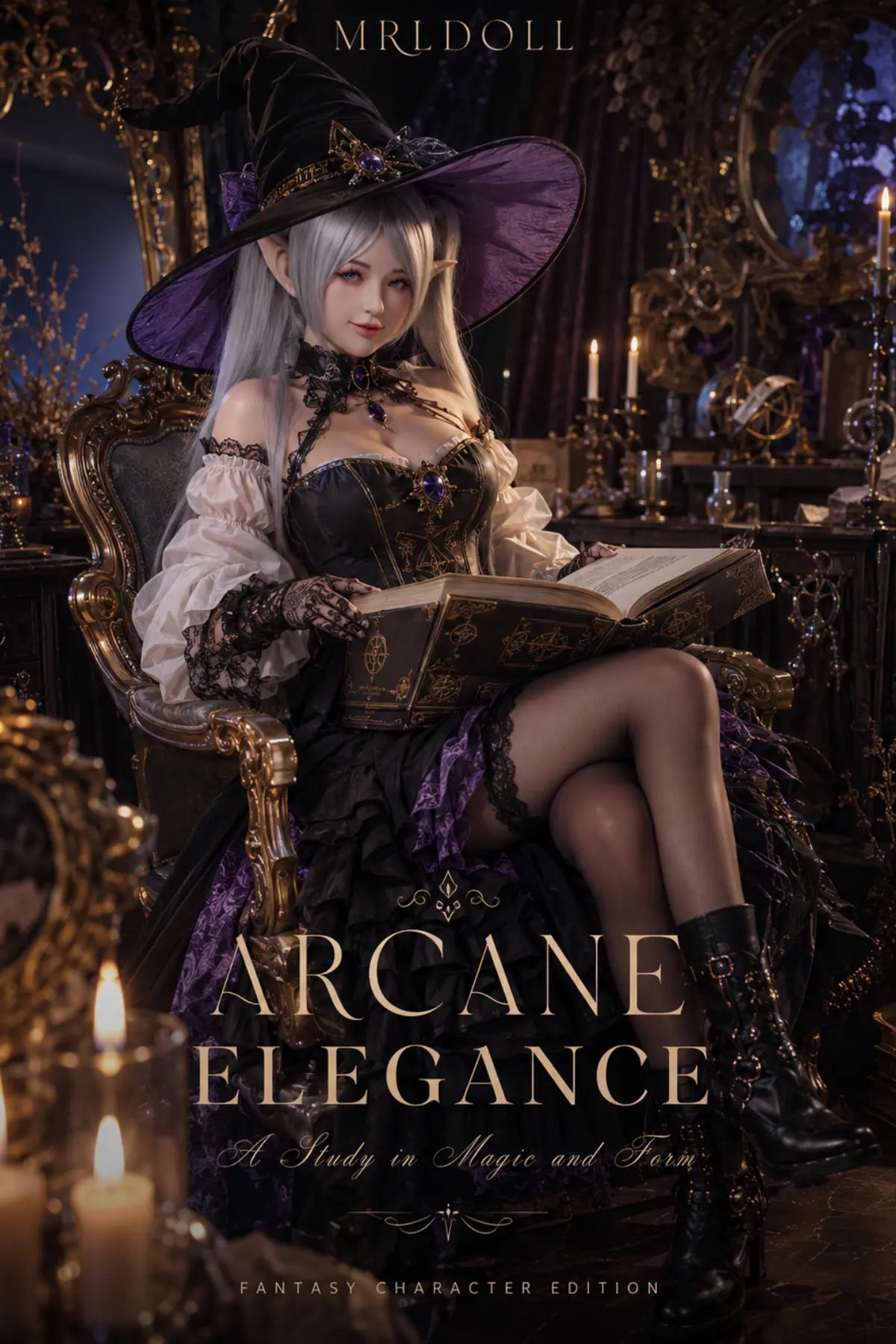 Elven styled as a silver-haired witch in the Arcane Elegance fantasy poster