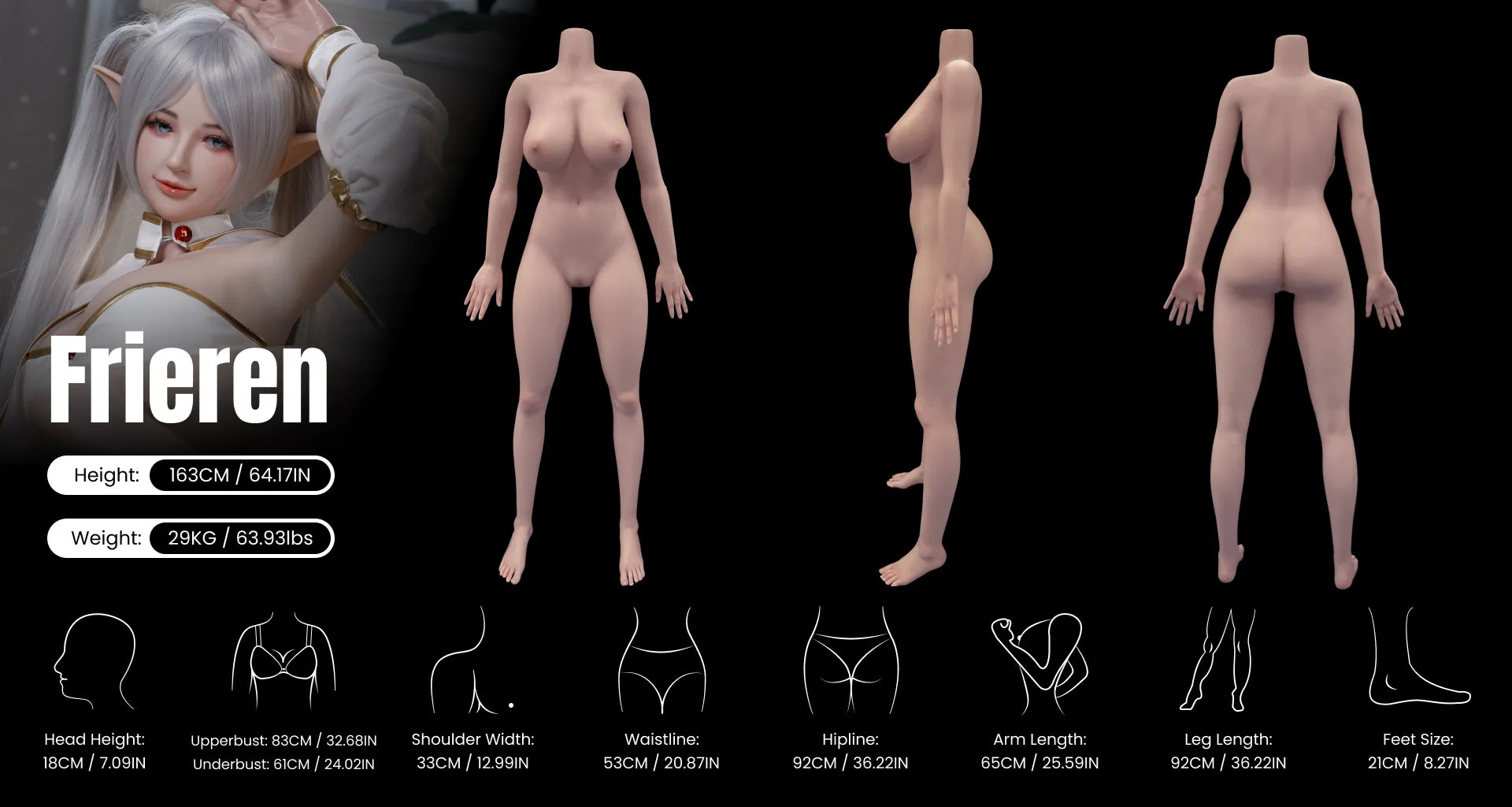 Elven 163CM 29KG platinum silicone body measurements chart