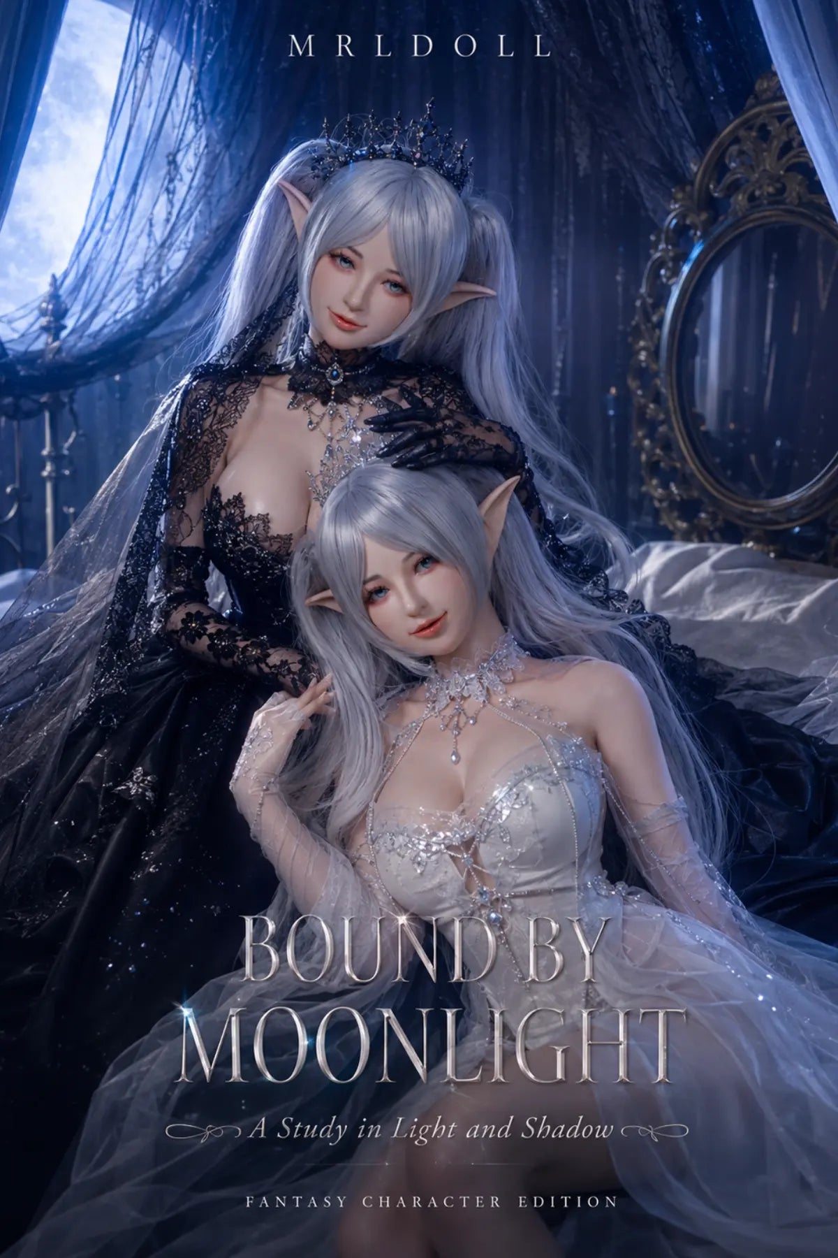 Two silver-haired elf characters in the blue moonlit Bound by Moonlight fantasy poster