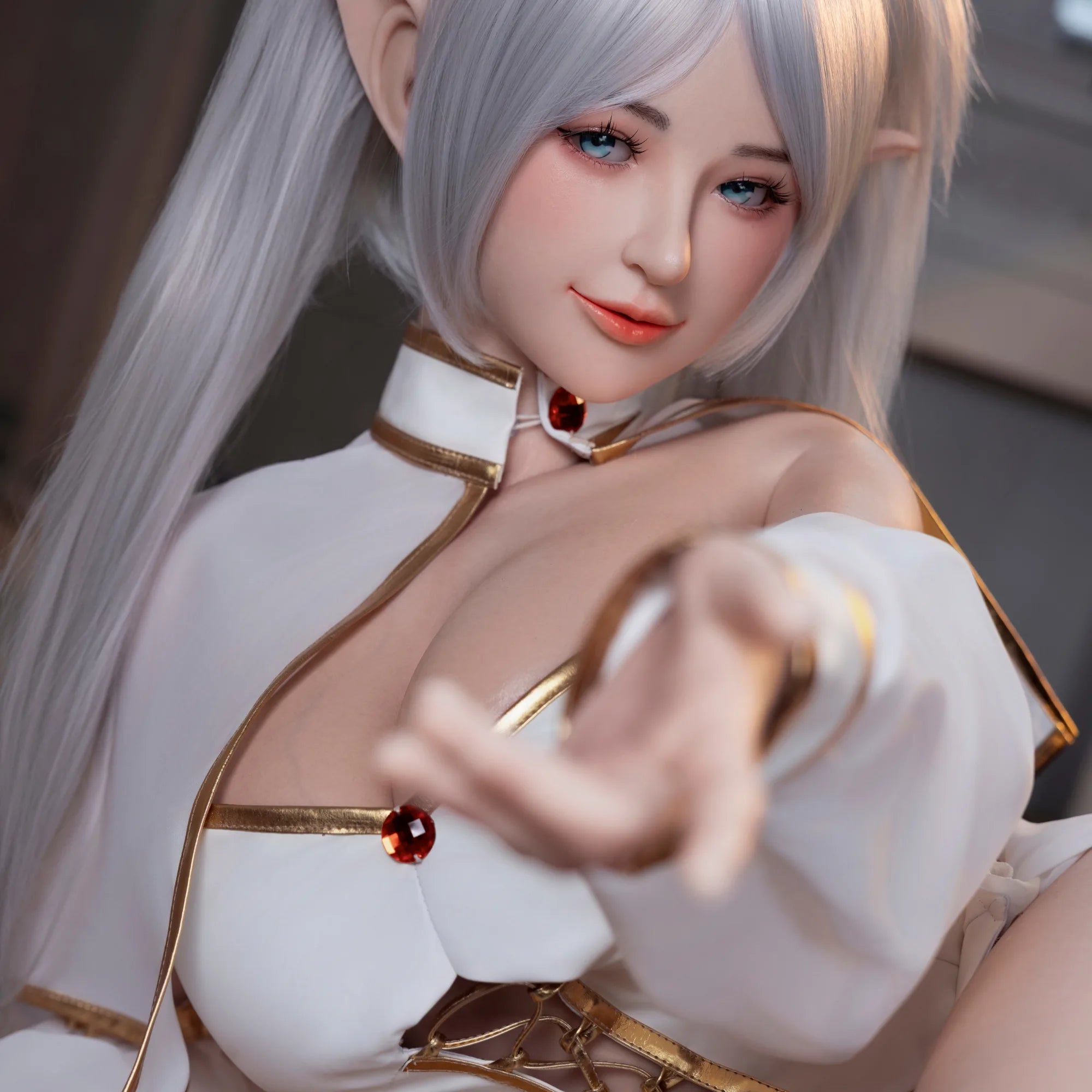 Elven silver-haired elf anime sex doll reaching forward