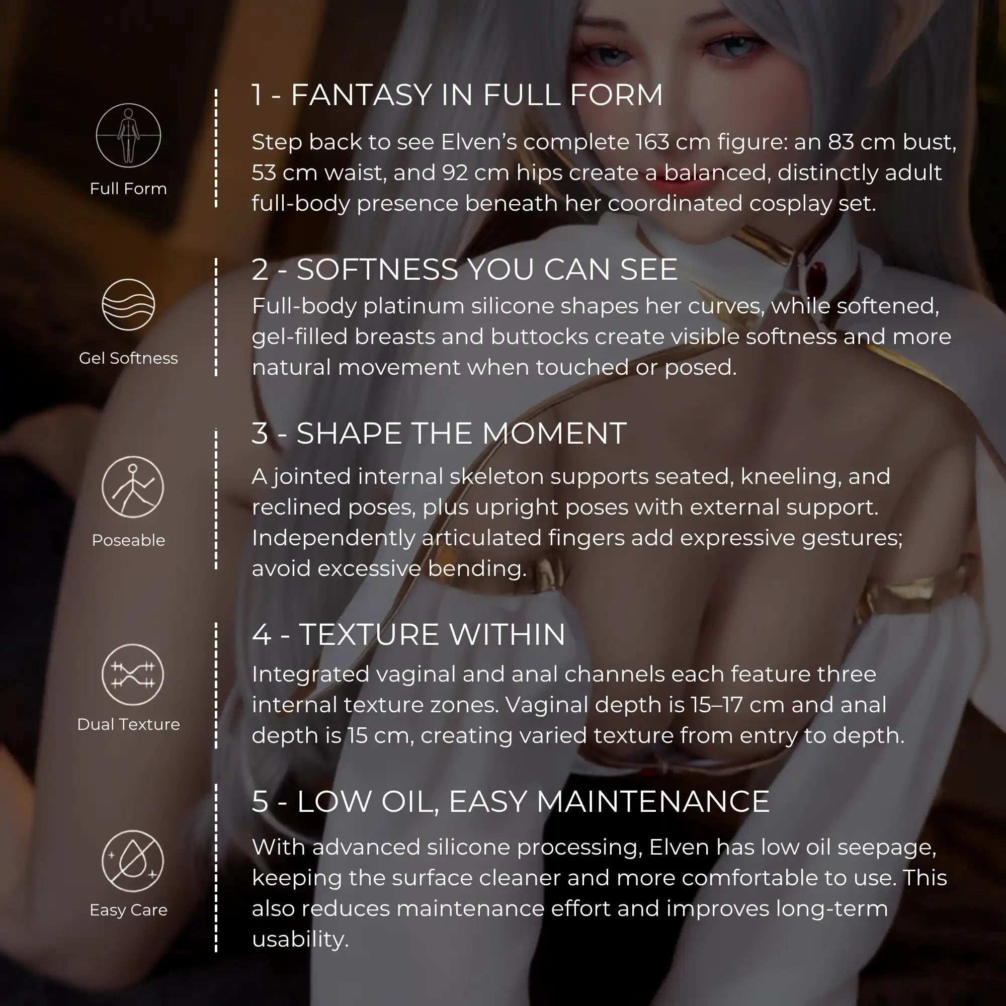 Five key features of Elven’s platinum silicone body, gel-filled curves, skeleton, channels, and low-oil processing