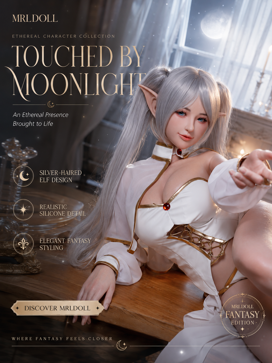 Image of Elven silver-haired elf anime sex doll in white-and-gold cosplay reaching toward the viewer
