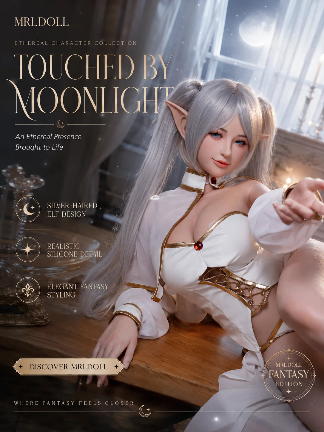 Image of Elven silver-haired elf anime sex doll in white-and-gold cosplay reaching toward the viewer