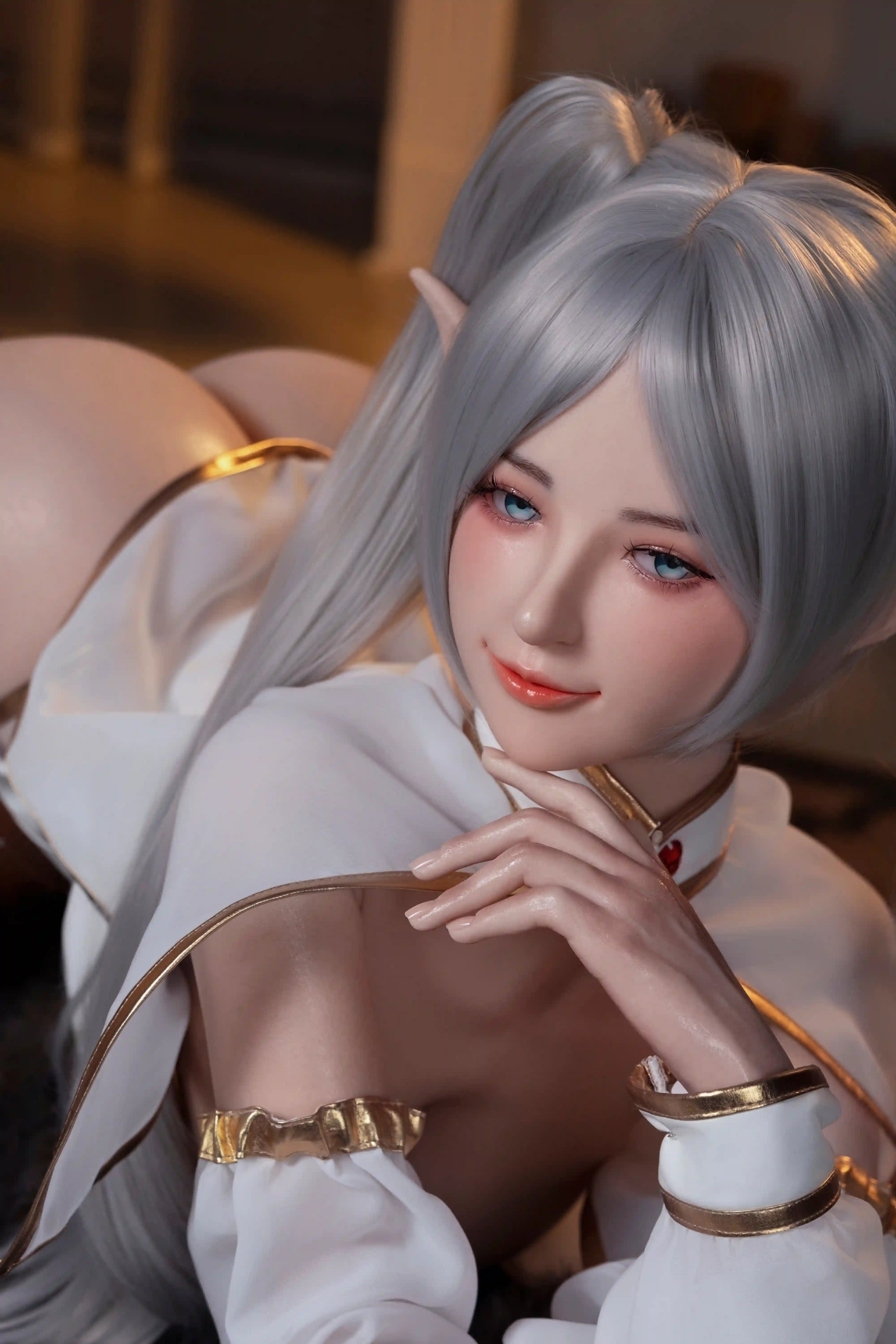 Reclining portrait of Elven in white-and-gold Frieren cosplay with blue-gray eyes, silver twin-tail hair, and posed fingers.
