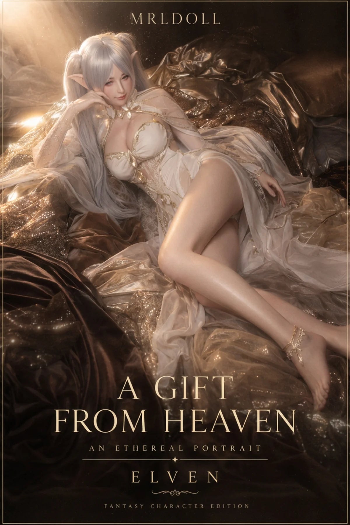 Elven reclining in a warm golden celestial scene in the A Gift From Heaven poster