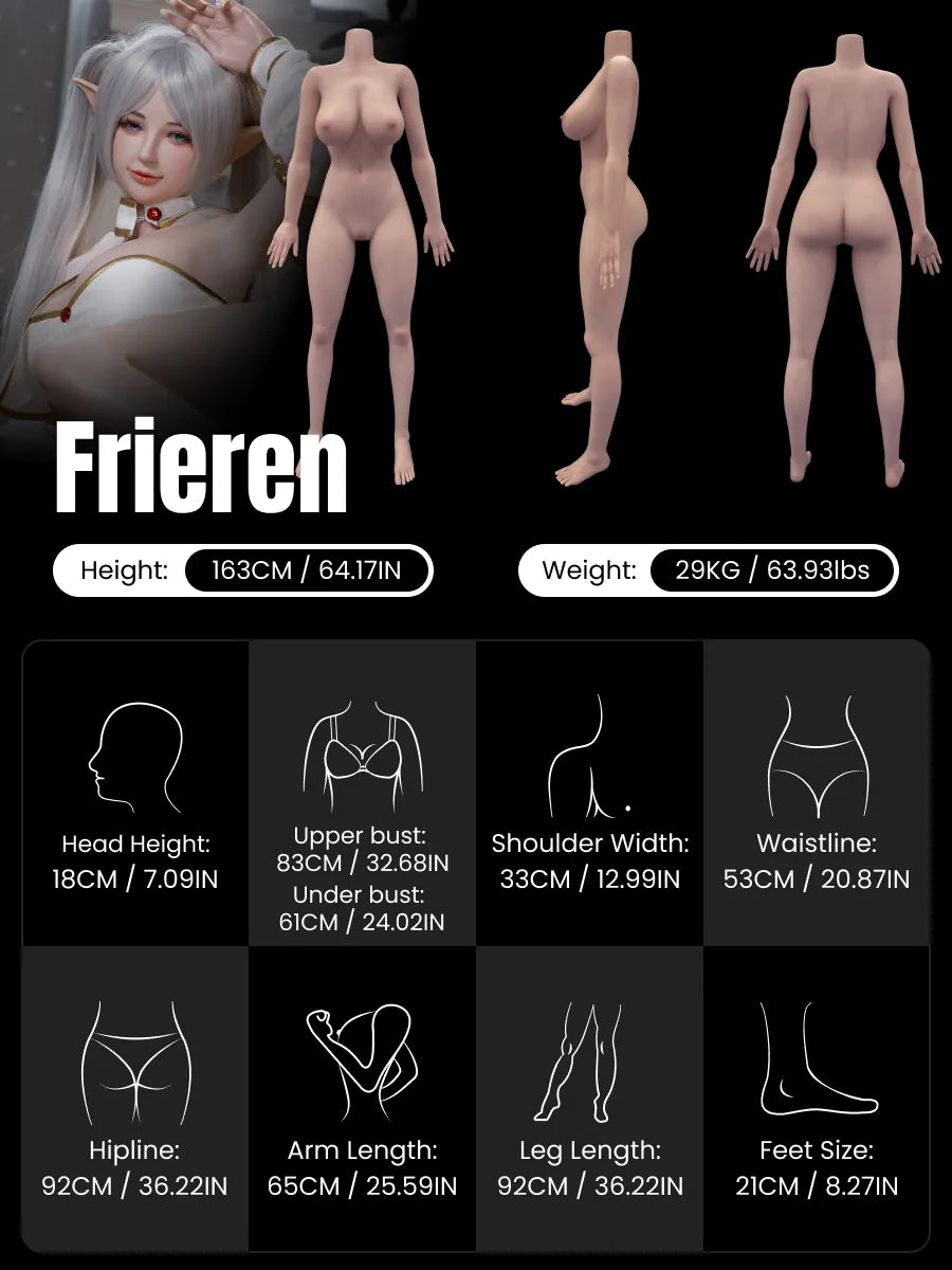 Image of Elven product overview poster featuring silver-haired elf styling and full-body specifications