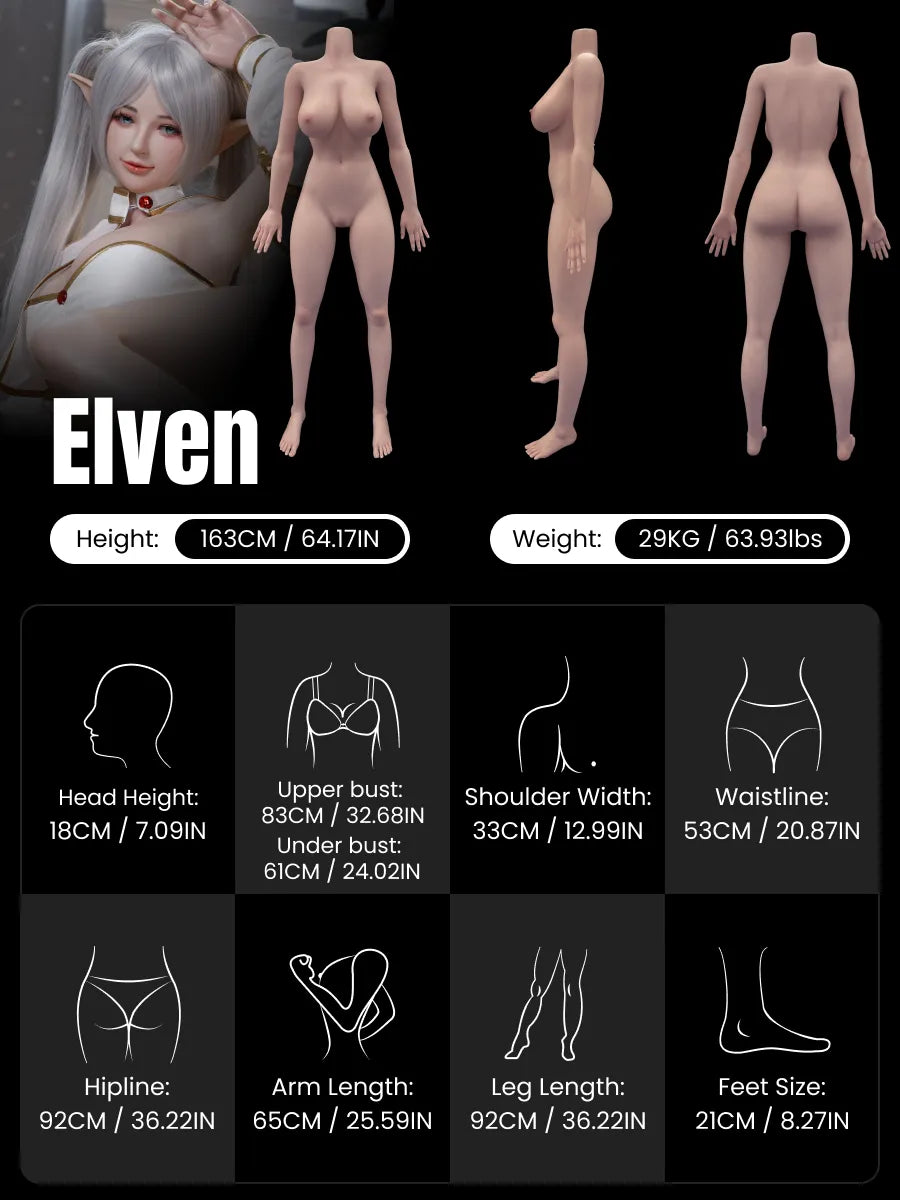 Image of Elven product overview poster featuring silver-haired elf styling and full-body specifications