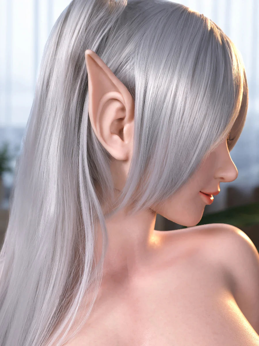 Image of Side close-up of Elven’s sculpted elf ear, silver hair, and facial profile