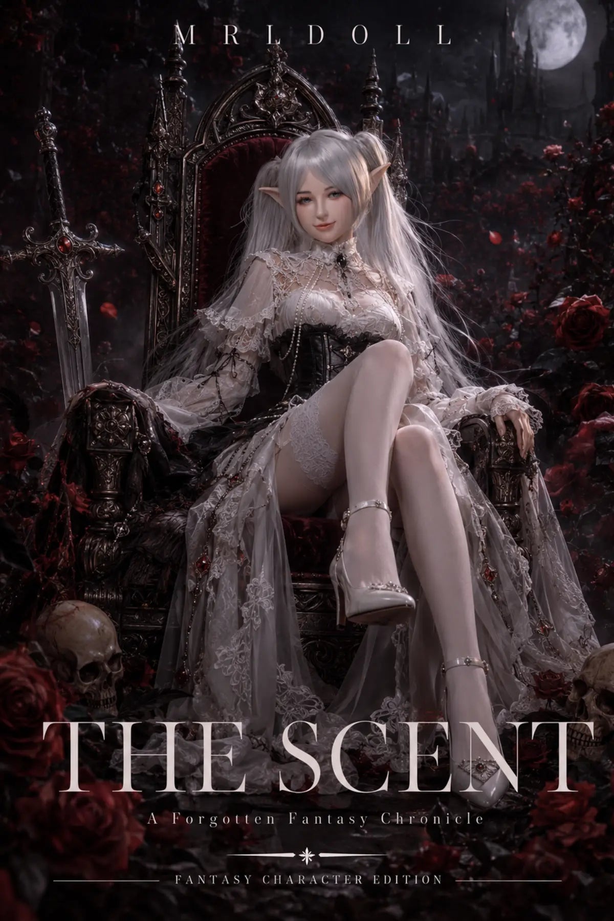 Elven seated in a dark gothic setting in The Scent fantasy poster