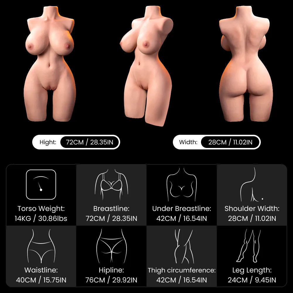 Image of MRLDOLL G-cup realistic silicone torso dimension chart showing front, 45-degree, and back views with body measurements including height, waist, and hips