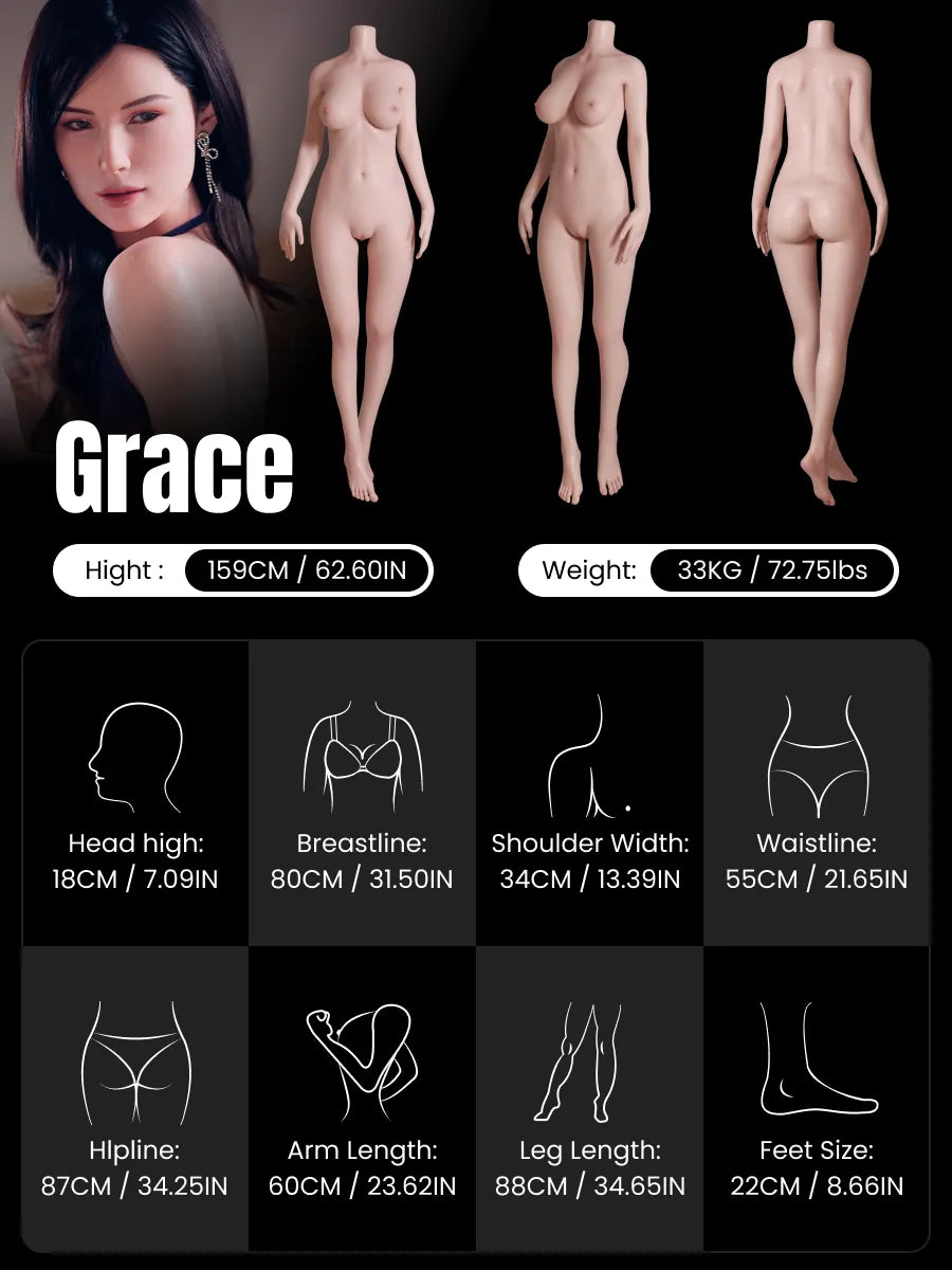 Image of Grace by MRLDOLL, a 159cm mature Asian wife silicone doll, showing front, side, and back views with detailed body measurements including bust, waist, hips, and height, highlighting realistic proportions and lifelike curves.
