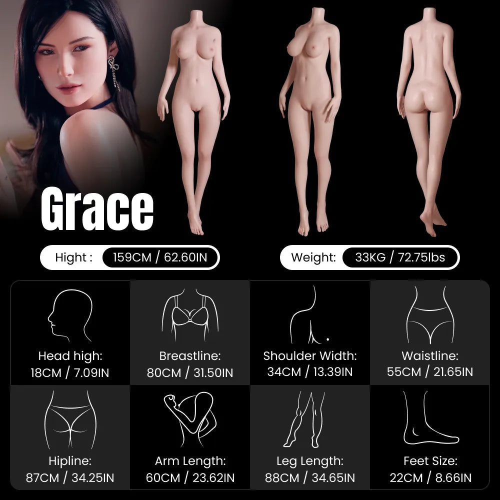 MRLDOLL Grace 159cm silicone doll body measurements showing front, side, and back views, including height, bust, waist, and hip dimensions, mobile display

