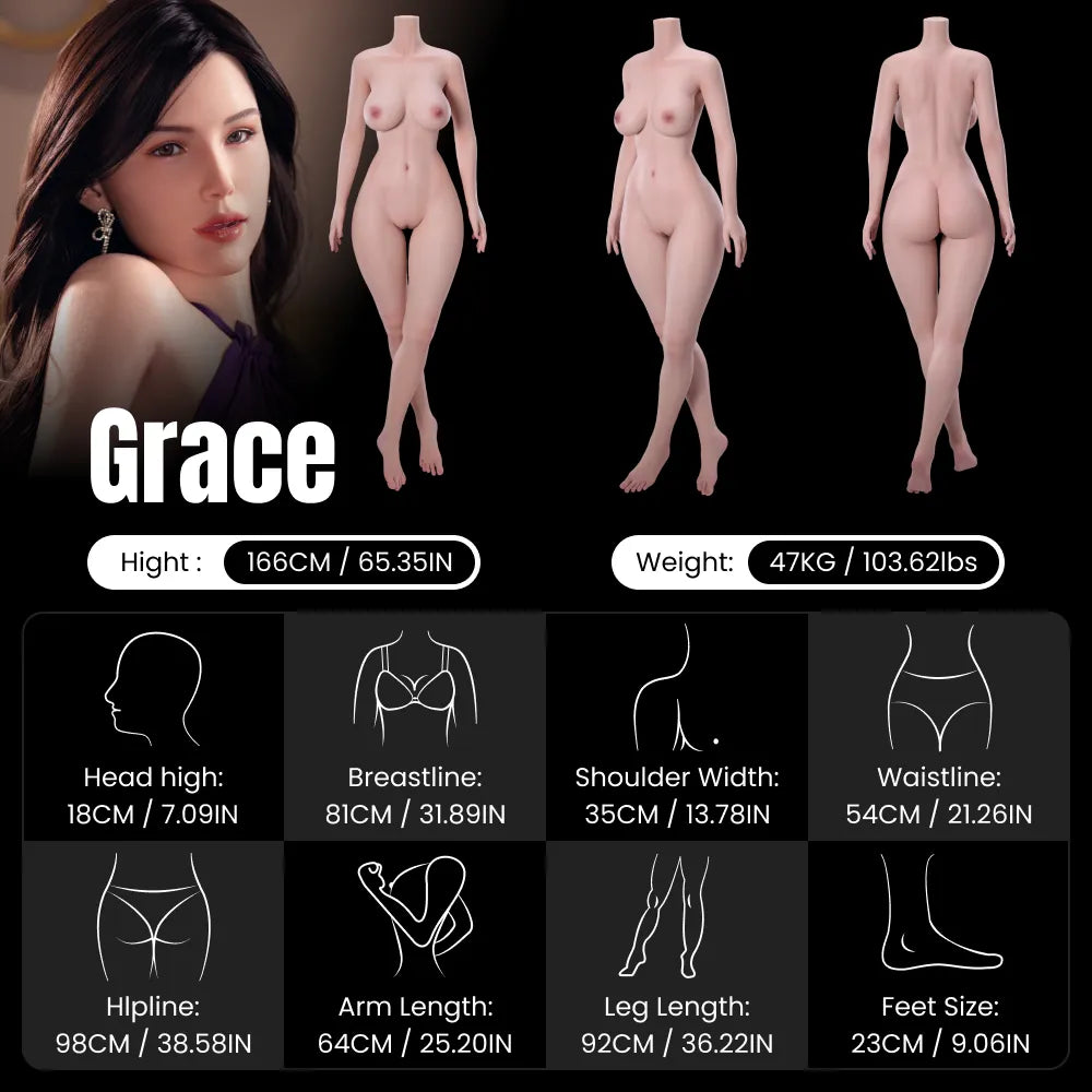 MRLDOLL Grace 166cm silicone doll body measurements showing front, side, and back views, including height, bust, waist, and hip dimensions, optimized for mobile display