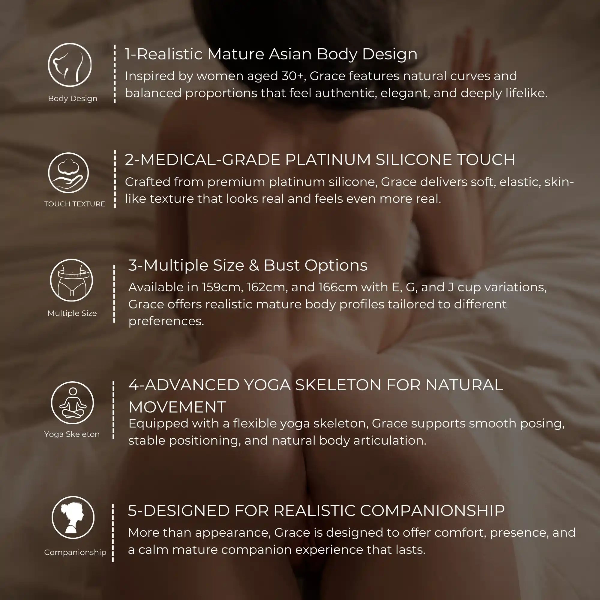 Mobile view of Grace by MRLDOLL, a mature Asian wife silicone doll lying on a bed, highlighting her elegant waist-to-hip ratio, crafted from platinum silicone with a flexible yoga skeleton and graceful, lifelike body shape.
