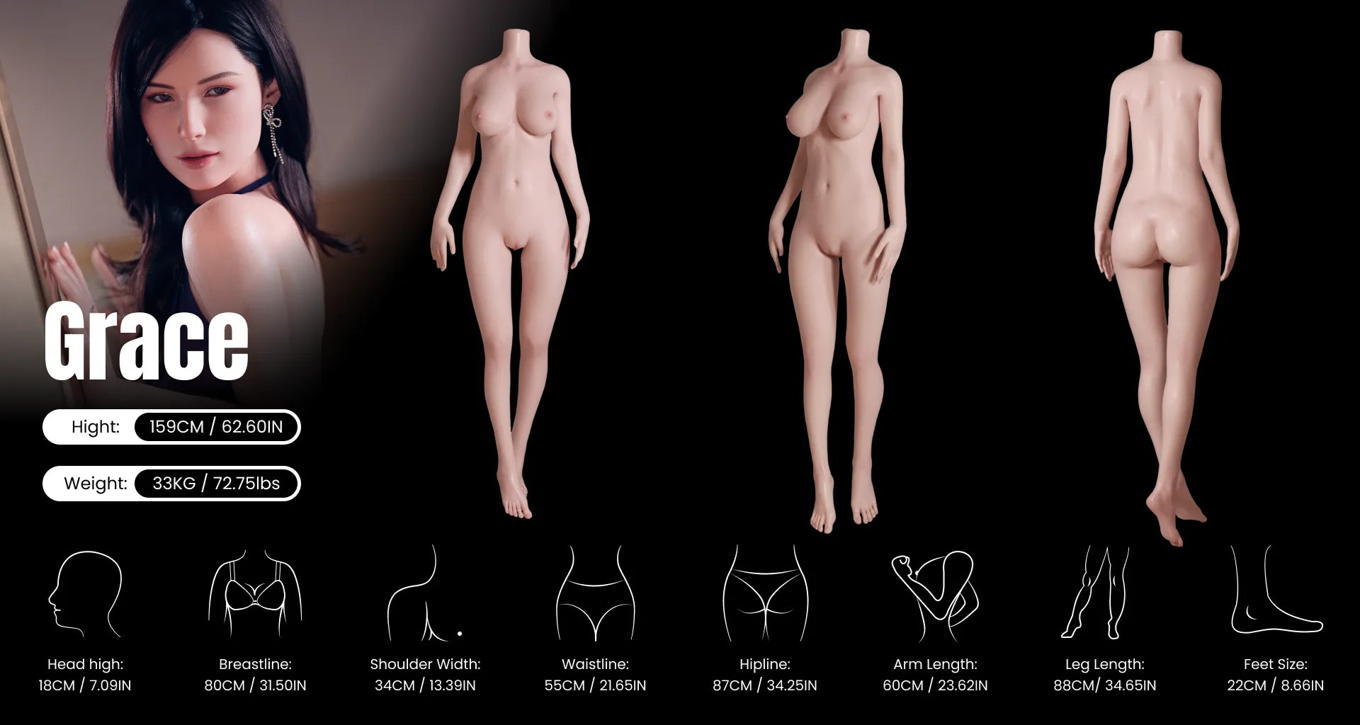 MRLDOLL Grace, a mature Asian wife silicone doll, showing front, side, and back views with body measurements including bust, waist, hips, and height, highlighting lifelike curves and realistic proportions, optimized for desktop display.
