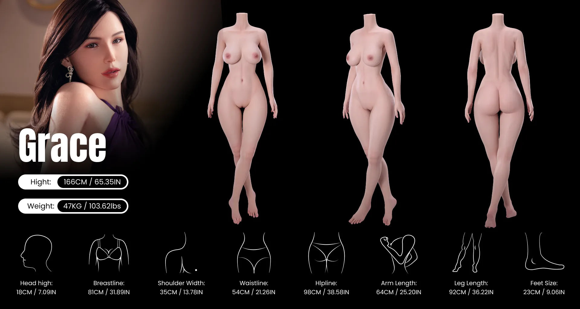 MRLDOLL Grace, a mature Asian wife silicone doll, showing front, side, and back views with body measurements including bust, waist, hips, and height, highlighting lifelike curves and realistic proportions, optimized for desktop display.