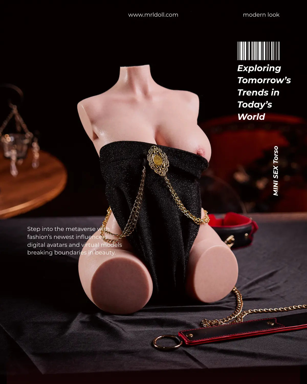 MRLDOLL KIKI mini silicone torso wearing black sparkling outfit with gold chains, positioned on the right side of the image with left side black space for text or banner display