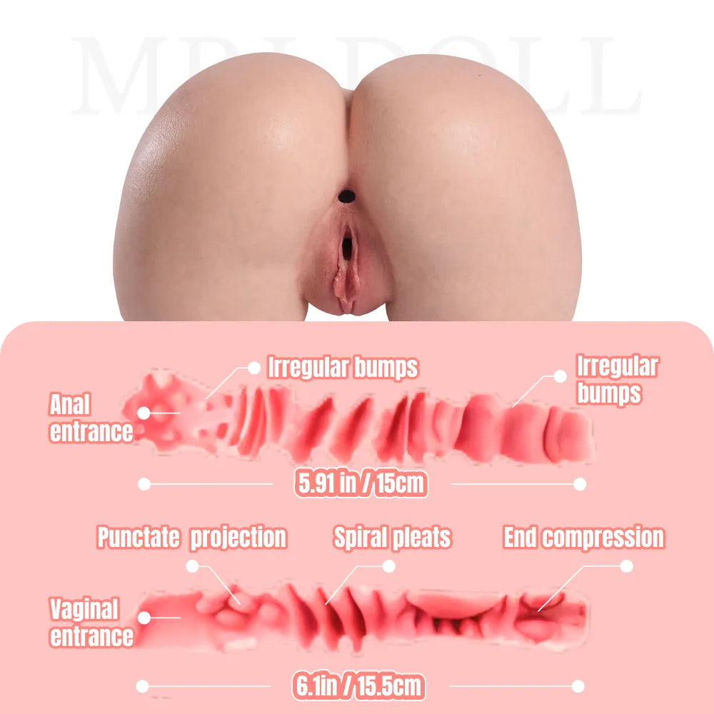Image of MRLDOLL KIKI mini silicone torso showing realistic vulva texture with soft medical-grade silicone and dual channel internal structure in one detailed view