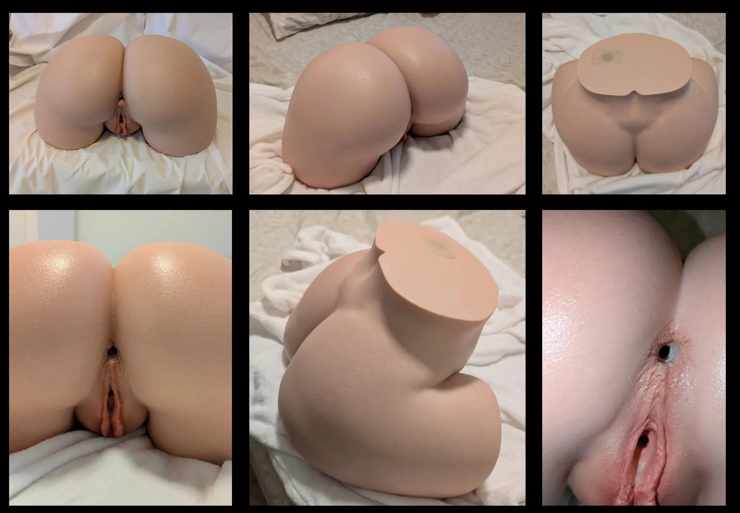 Image of User-submitted photos of the MRLDOLL Manuela realistic silicone butt doll showing its shape, detailed skin texture, electronic control panel, and channels from multiple angles.
