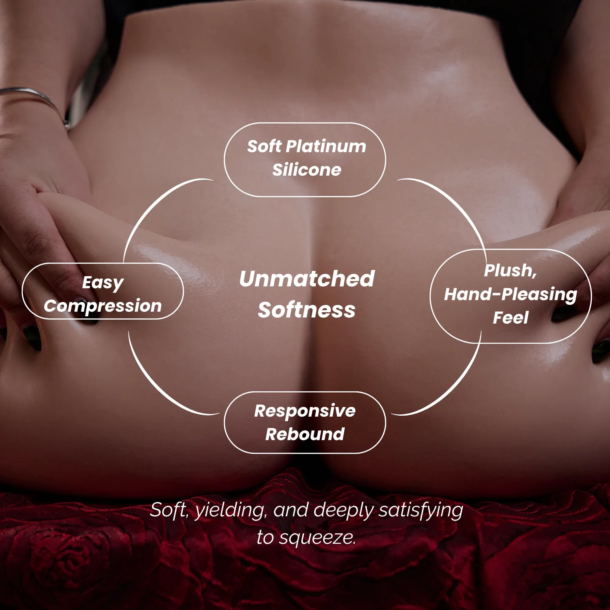 Image of Pamsnusnu platinum silicone butt showing easy compression, plush softness, and responsive rebound